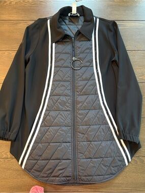 NEW Joseph Ribkoff Black Quilted Zip Jacket with White and Glitter Stripes